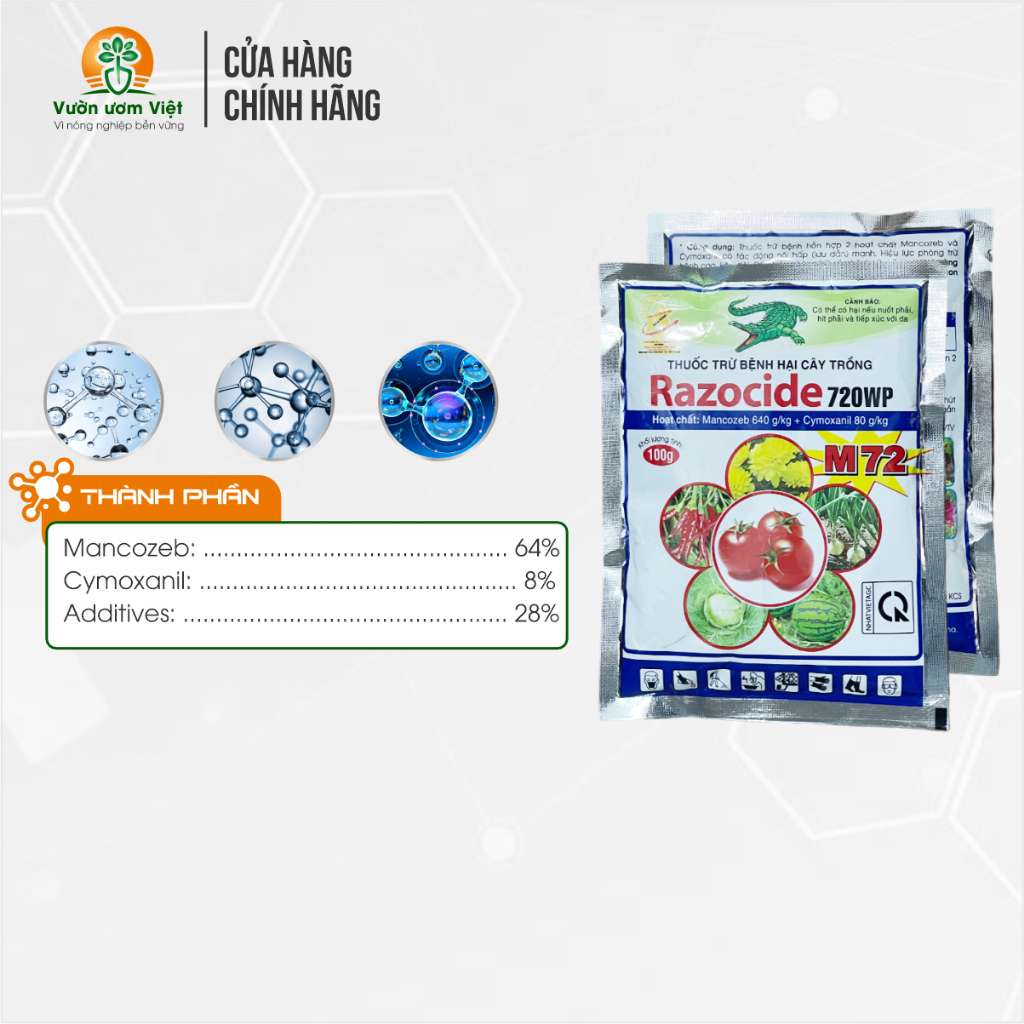 Thuốc trừ bệnh RAZOCIDE 720WP trị úng lá, chảy mủ, thối rễ, bạc lá, rỉ sắt trên cây trồng - 100gr