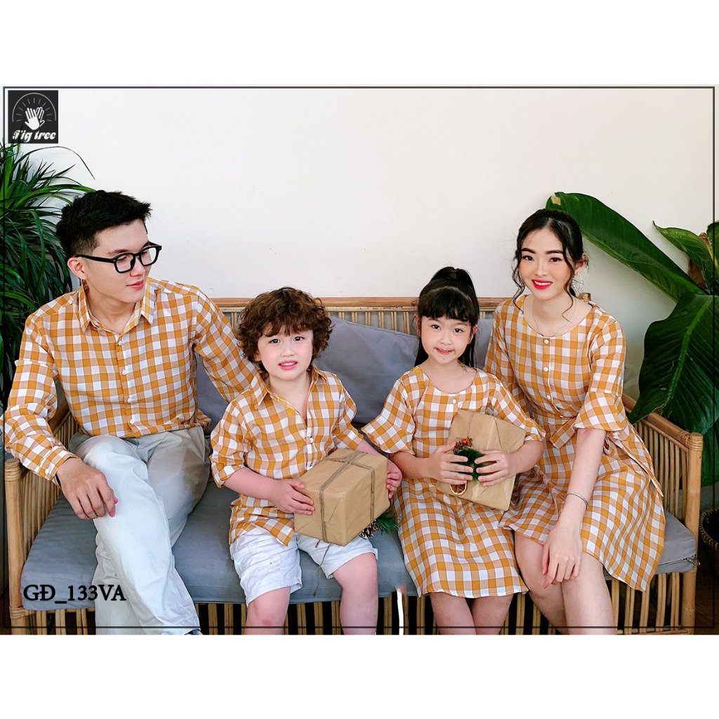 Combo Áo Váy Gia Đình Fig Tree Caro Màu Vàng Đi Tiệc, Chụp Hình Xinh, Chất Kate Mềm Mát (Mã 133VA)