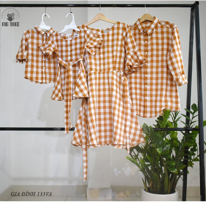 Combo Áo Váy Gia Đình Fig Tree Caro Màu Vàng Đi Tiệc, Chụp Hình Xinh, Chất Kate Mềm Mát (Mã 133VA)