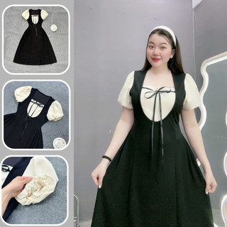 Đầm cổ vuông phối tay bí bigsize nữ chất ruby phối vải lụa xoa mềm mịn thanh lịch trẻ trung 58-95kg G680