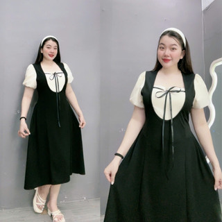 Đầm cổ vuông phối tay bí bigsize nữ chất ruby phối vải lụa xoa mềm mịn thanh lịch trẻ trung 58-95kg G680