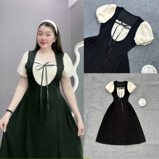 Đầm cổ vuông phối tay bí bigsize nữ chất ruby phối vải lụa xoa mềm mịn thanh lịch trẻ trung 58-95kg G680