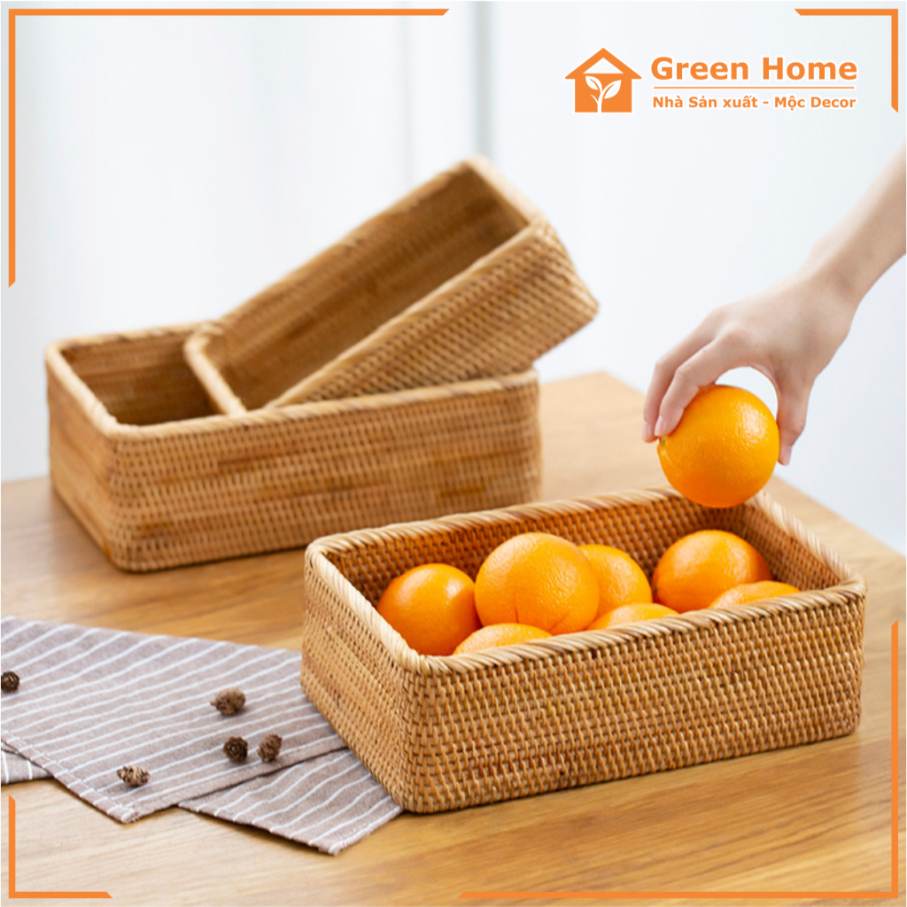 Giỏ Mây Hình Chữ Nhật, Khay Mây Đựng Trái Cây, Bánh Kẹo, Đồ Gia Dụng, Phụ Kiện Decor Mộc Mạc