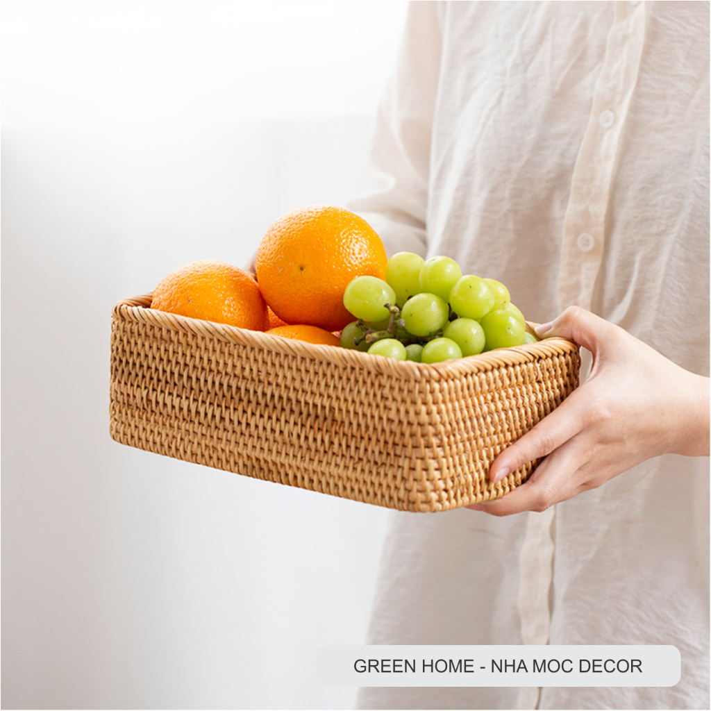 Giỏ Mây Hình Chữ Nhật, Khay Mây Đựng Trái Cây, Bánh Kẹo, Đồ Gia Dụng, Phụ Kiện Decor Mộc Mạc
