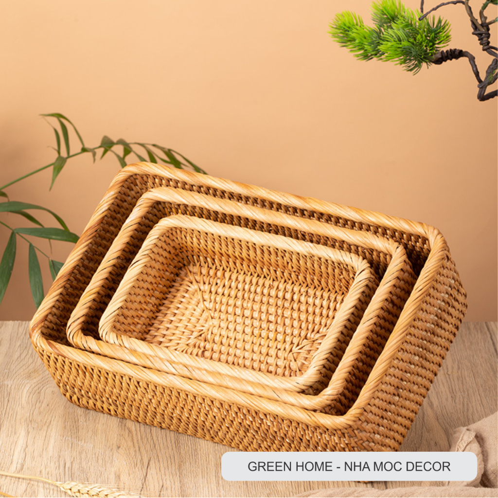 Giỏ Mây Hình Chữ Nhật, Khay Mây Đựng Trái Cây, Bánh Kẹo, Đồ Gia Dụng, Phụ Kiện Decor Mộc Mạc