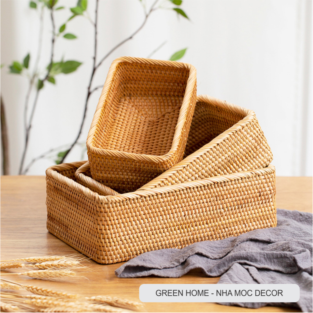 Giỏ Mây Hình Chữ Nhật, Khay Mây Đựng Trái Cây, Bánh Kẹo, Đồ Gia Dụng, Phụ Kiện Decor Mộc Mạc