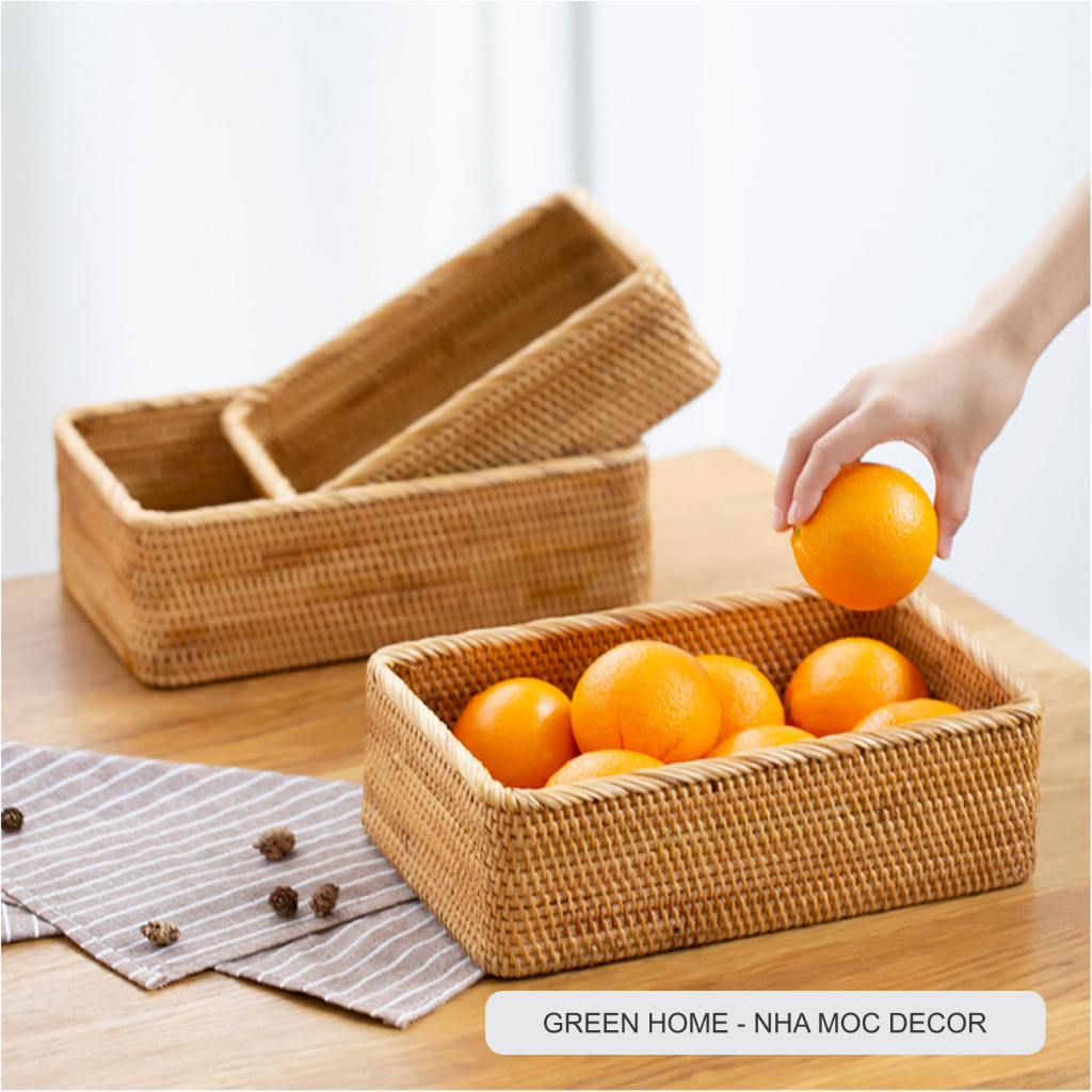 Giỏ Mây Hình Chữ Nhật, Khay Mây Đựng Trái Cây, Bánh Kẹo, Đồ Gia Dụng, Phụ Kiện Decor Mộc Mạc