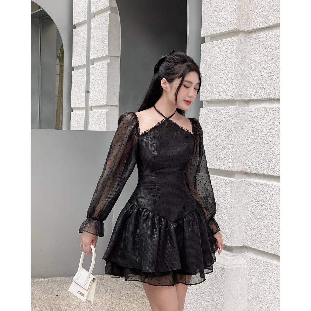 ĐẦM VOAN BI CỔ YẾM TAY DÀI, ĐẦM NỮ SANG CHẢNH TIỂU THƯ NÀNG THƠ | MEOINDAHOUSE