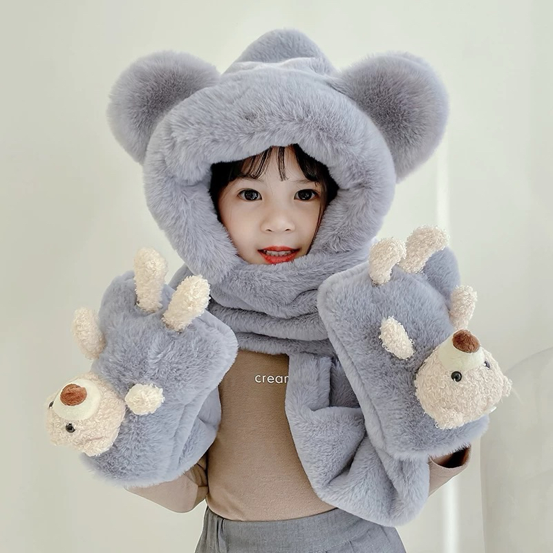 Mũ trẻ em 3in1 trùm đầu cuốn cổ đút tay gắn gấu dễ thương cho bé 3-8 tuổi