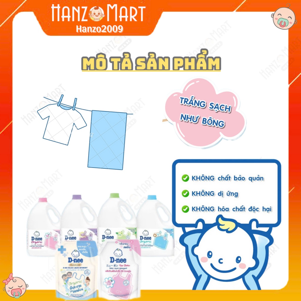 Nước Giặt Dnee Cho Bé Sơ Sinh có nắp vặn (Túi 1400ml) -Hàng Nội Địa Thái Lan-An Toàn Cho Trẻ Sơ Sinh