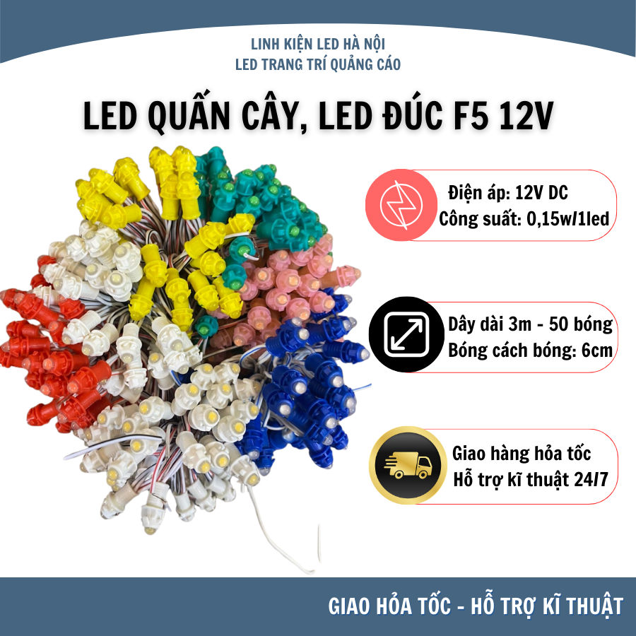 LED Đúc, Led F5 Chống Nước điện 12V (Dây 3 mét, 50 bóng) Dùng Trang Trí ...