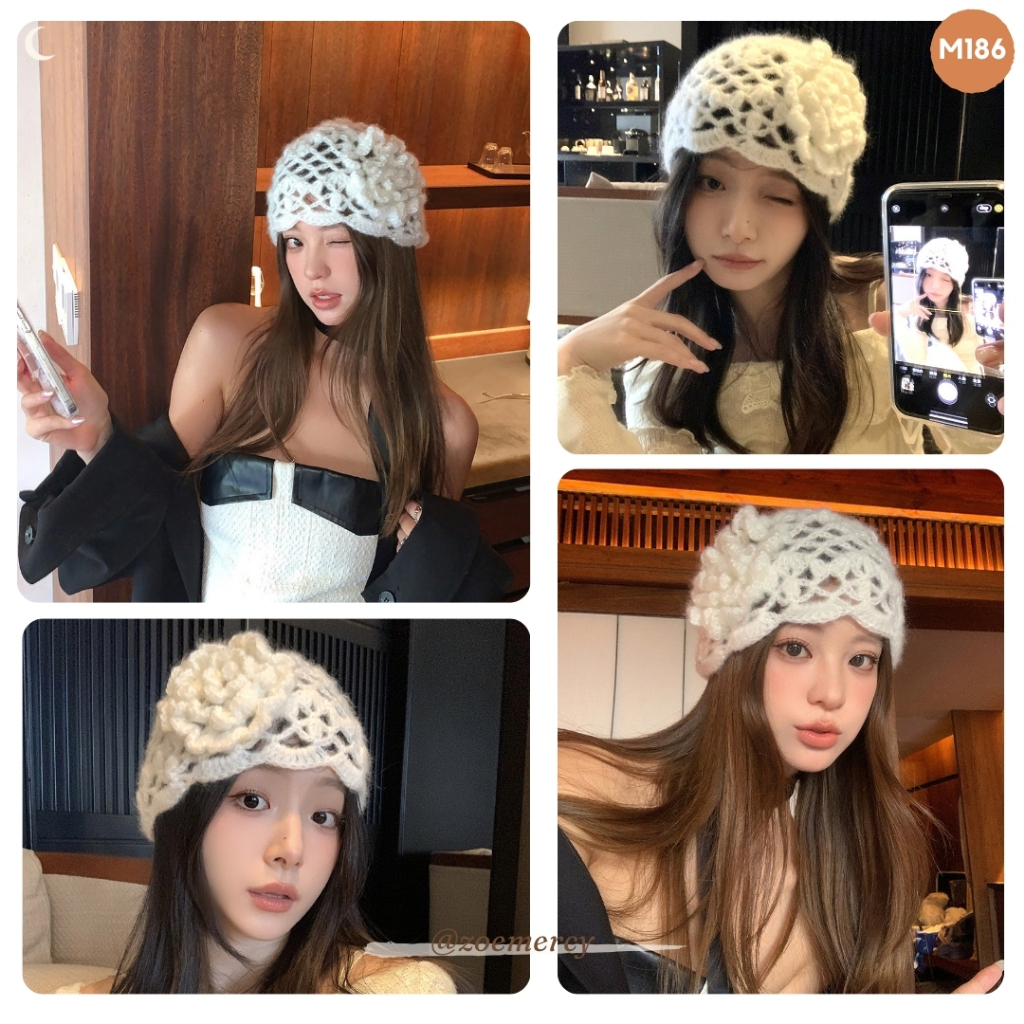 [SẴN]-🍊 Mũ trùm đầu len móc gắn hoa ren thời trang phong cách Nhật Bản (M186)-P1