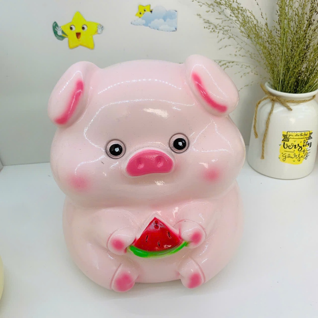 Heo đất lợn đất tiết kiệm Heo ăn Dưa Hấu siêu dễ thương size To lỗ tròn,ống tiết kiệm trang trí HT1