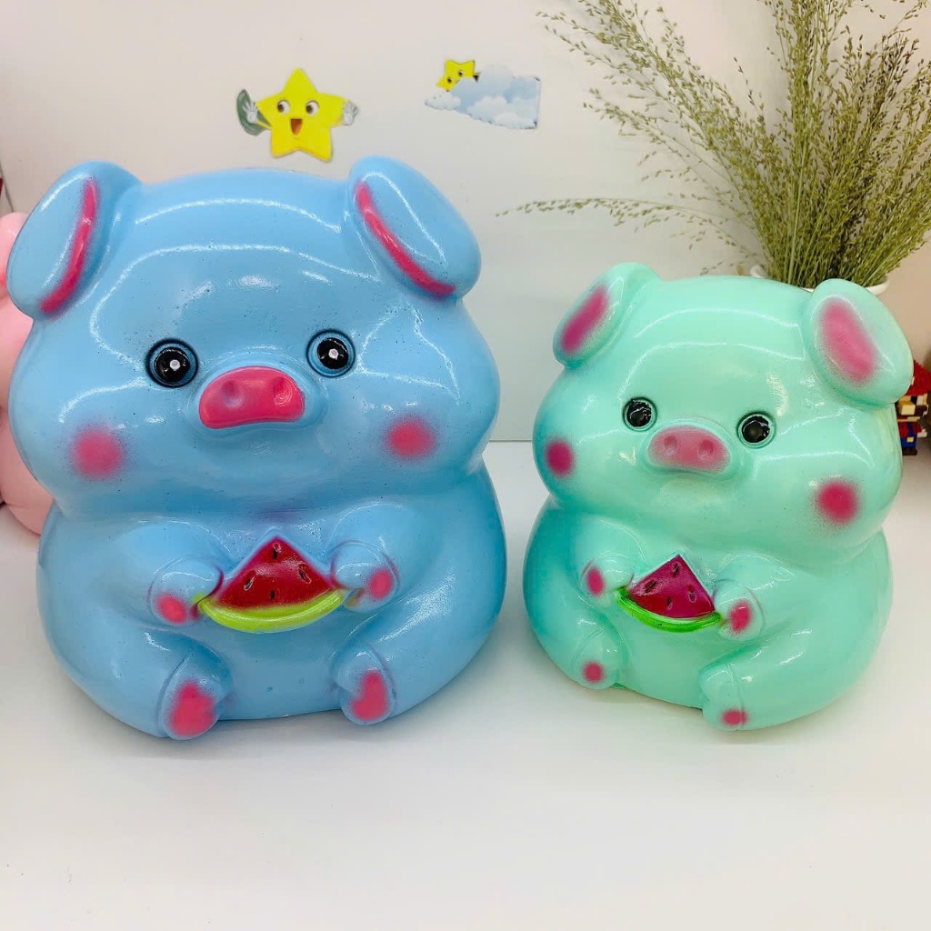 Heo đất lợn đất tiết kiệm Heo ăn Dưa Hấu siêu dễ thương size To lỗ tròn,ống tiết kiệm trang trí HT1
