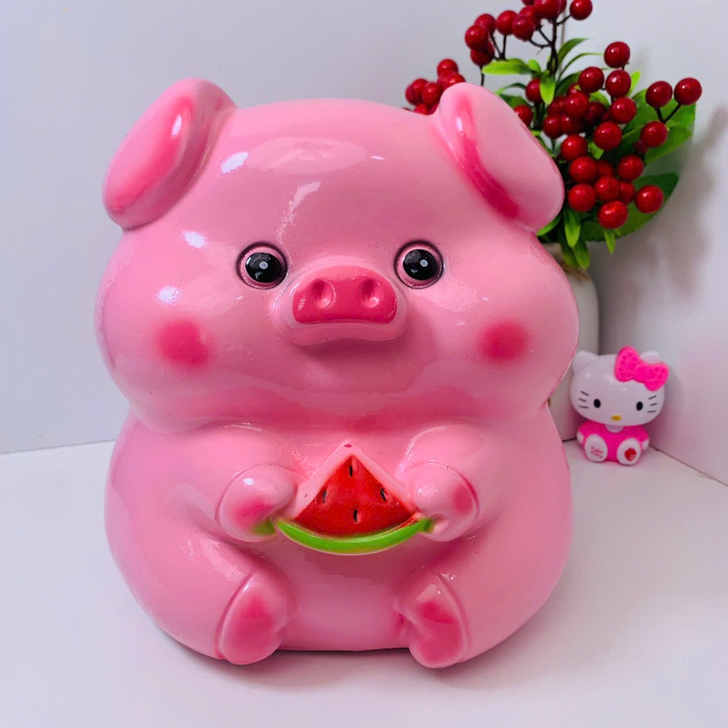Heo đất lợn đất tiết kiệm Heo ăn Dưa Hấu siêu dễ thương size To lỗ tròn,ống tiết kiệm trang trí HT1