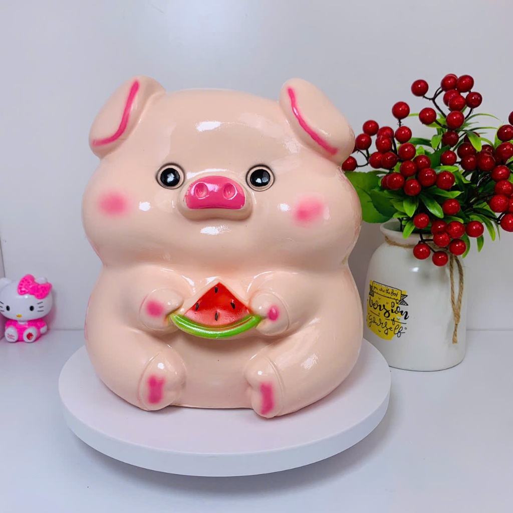 Heo đất lợn đất tiết kiệm Heo ăn Dưa Hấu siêu dễ thương size To lỗ tròn,ống tiết kiệm trang trí HT1
