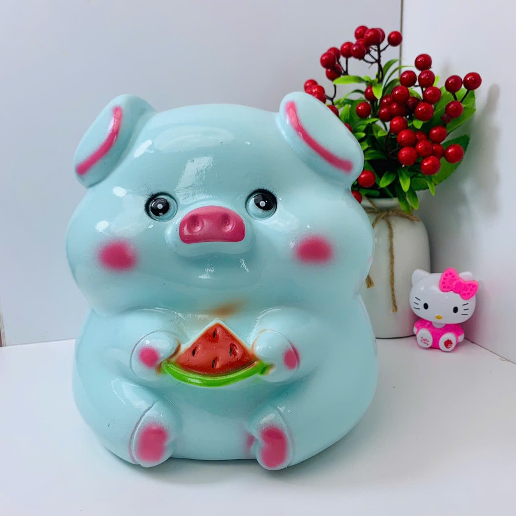 Heo đất lợn đất tiết kiệm Heo ăn Dưa Hấu siêu dễ thương size To lỗ tròn,ống tiết kiệm trang trí HT1
