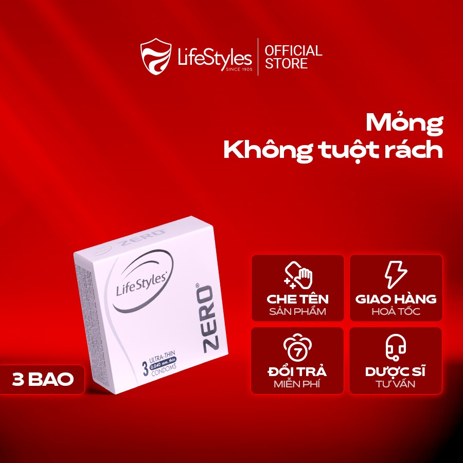 Ảnh Bao cao su mỏng khít LifeStyles Zero - Trơn êm -  Hộp 3 bao 1