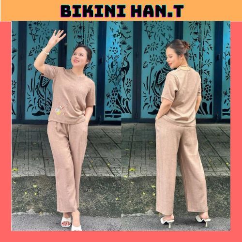 Đồ Bộ trung niên, Đồ bộ cho mẹ, Áo cổ tròn, Áo tay ngắn,quần chín tấc cho các mẹ vải đũi mát mẻ HAN.T Shop Ms 45