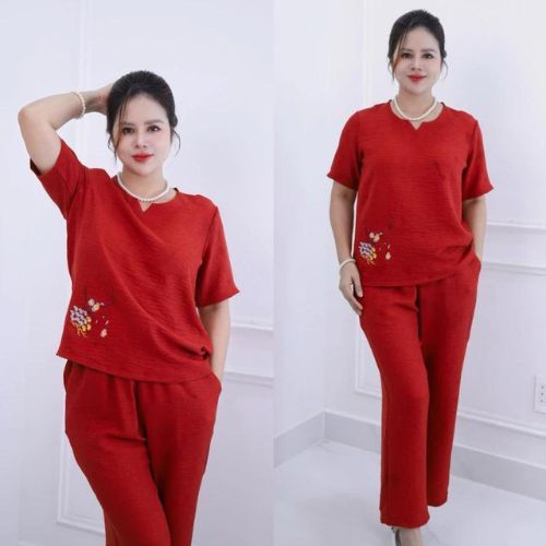 Đồ Bộ trung niên, Đồ bộ cho mẹ, Áo cổ tròn, Áo tay ngắn,quần chín tấc cho các mẹ vải đũi mát mẻ HAN.T Shop Ms 45