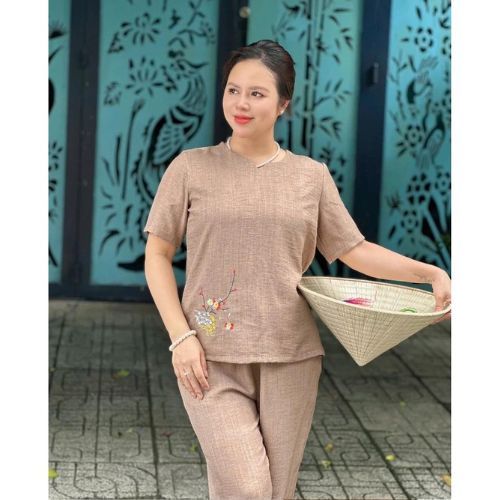Đồ Bộ trung niên, Đồ bộ cho mẹ, Áo cổ tròn, Áo tay ngắn,quần chín tấc cho các mẹ vải đũi mát mẻ HAN.T Shop Ms 45