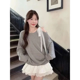 Áo nỉ lệch vai đính nơ,áo sweater kiểu trễ vai có buộc nơ ren chất nỉ bông thoáng mát form rộng