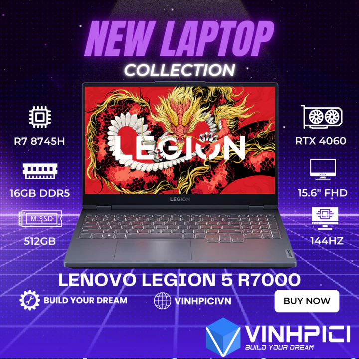 Laptop Lenovo Legion 5 R7000 2024 (R7 8745H/ RTX 4060/ Ram 16GB/ SSD 512 GB/ 15,6" FHD 144Hz 100% sRGB)