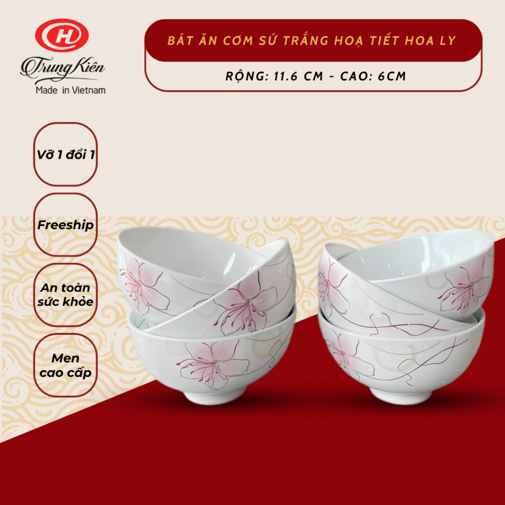 Bát ăn cơm sứ trắng hoạ tiết hoa ly Sứ Trung Kiên cao cấp chén cơm sứ ...