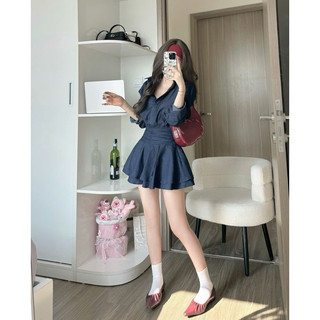 [V1.821] Váy Sơmi Bò Rúm Eo Tay Dài Dáng Xoè Cá Tính (kèm ảnh thật)
