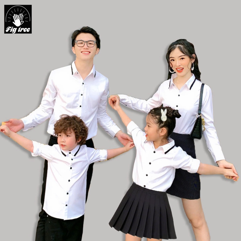 Combo Áo Gia Đình Fig Tree Màu Trắng Viền Cổ Màu Đen Model Cho Gia Đình Đi Tiệc, Chụp Hình, fullsize