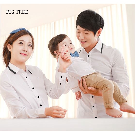 Combo Áo Gia Đình Fig Tree Màu Trắng Viền Cổ Màu Đen Model Cho Gia Đình Đi Tiệc, Chụp Hình, fullsize