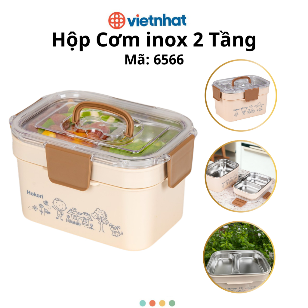 Hộp Đựng Cơm Giữ Nhiệt Lâu, Hộp Đựng Cơm Văn Phòng 2 Tầng Chính Hãng Việt Nhật (mã 6566)