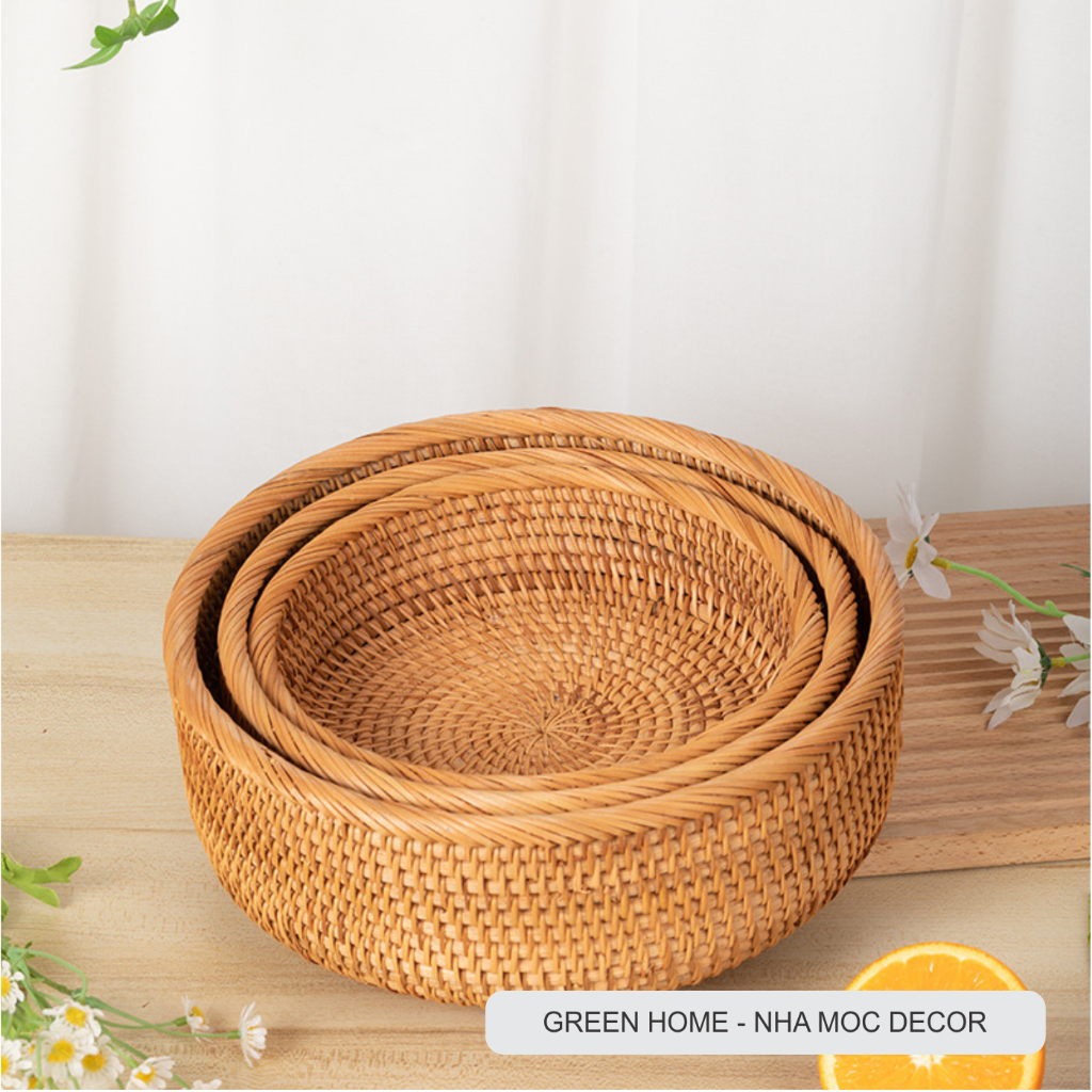 Giỏ Mây Hình tròn, Khay Mây Đựng Trái Cây, Bánh Kẹo, Đồ Gia Dụng, Phụ Kiện Decor Mộc Mạc