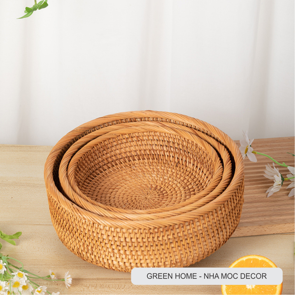 Giỏ Mây Hình tròn, Khay Mây Đựng Trái Cây, Bánh Kẹo, Đồ Gia Dụng, Phụ Kiện Decor Mộc Mạc