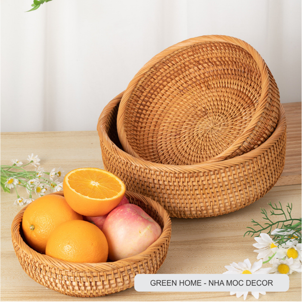 Giỏ Mây Hình tròn, Khay Mây Đựng Trái Cây, Bánh Kẹo, Đồ Gia Dụng, Phụ Kiện Decor Mộc Mạc