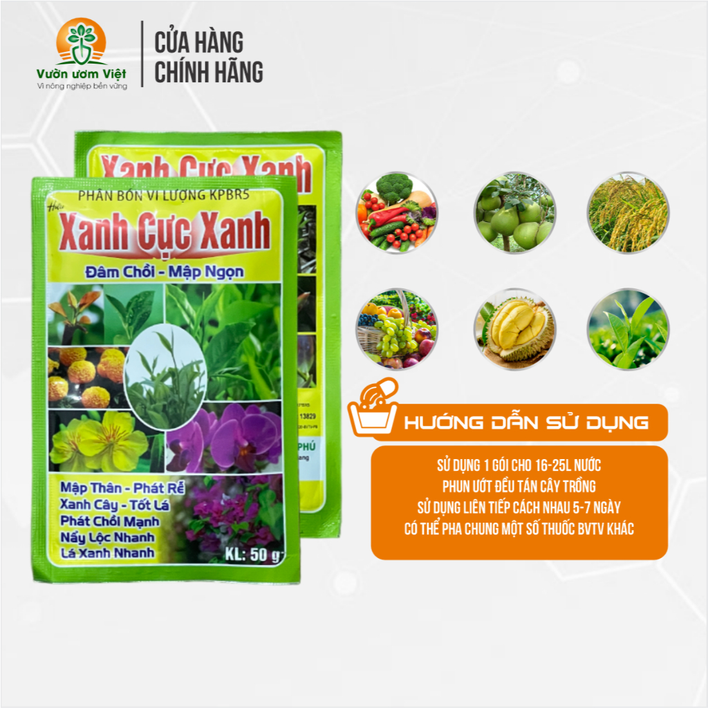 Phân bón lá XANH CỰC XANH nuôi dưỡng bộ lá khỏe mạnh, xanh mướt dày, hạn chế sâu bệnh - 50gr