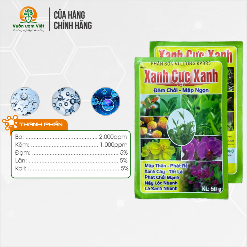 Phân bón lá XANH CỰC XANH nuôi dưỡng bộ lá khỏe mạnh, xanh mướt dày, hạn chế sâu bệnh - 50gr