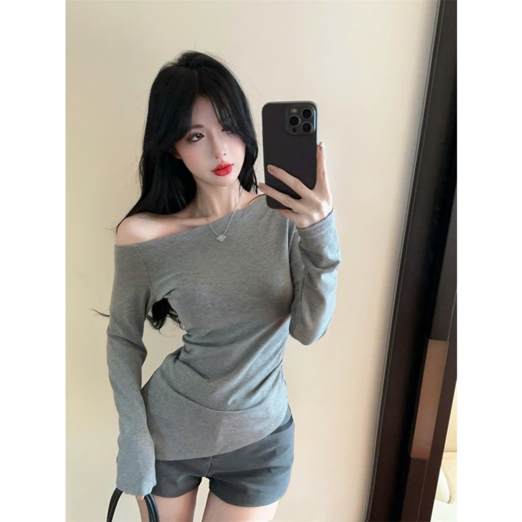 [CÓ SIZE] Áo Trễ Vai Dài Tay RANSHI Thiết Kế Nhún Eo Ôm Dáng Tôn Body Chất Thun Gân Dày Dặn