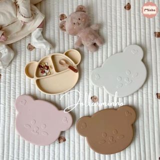 <Tặng FREE nắp> Khay ăn dặm silicone mini hình gấu có đế hít chống trượt chất liệu siêu bền đẹp cho bé Dollar Minho