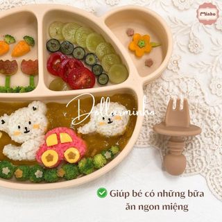<Có nắp> Khay ăn dặm silicone size bé 5 ngăn cho bé từ 5m+, đế hít chống đổ, free BPA