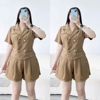 Set Vest Nữ Bigsize, Áo Blazer Tay Ngắn Dáng Croptop Kèm Quần Đùi Ống Rộng Vải Cotton Lạnh SET847