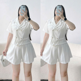 Set Vest Nữ Bigsize, Áo Blazer Tay Ngắn Dáng Croptop Kèm Quần Đùi Ống Rộng Vải Cotton Lạnh SET847