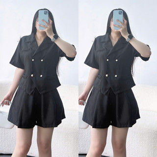 Set Vest Nữ Bigsize, Áo Blazer Tay Ngắn Dáng Croptop Kèm Quần Đùi Ống Rộng Vải Cotton Lạnh SET847