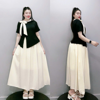 Set Đồ Tiểu Thư Bigsize Nữ, Bộ Váy Đi Tiệc Áo Tay Ngắn Cổ Phối Nơ Kèm Chân Váy Sanh Chảnh SET848