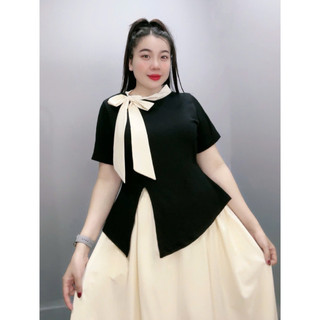 Set Đồ Tiểu Thư Bigsize Nữ, Bộ Váy Đi Tiệc Áo Tay Ngắn Cổ Phối Nơ Kèm Chân Váy Sanh Chảnh SET848