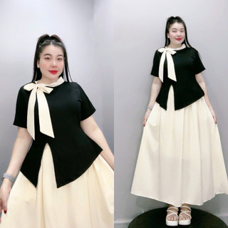 Set Áo Váy Bigsize Nữ, Bộ Váy Sang Chảnh Đi Tiệc Áo Tay Ngắn Phối Nơ Cổ Xinh Kèm Chân Váy Dài SET848