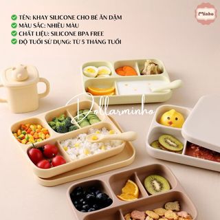 (TẶNG Nắp) Tổng Hợp Khay ăn dặm silicone tai gấu đế chống trượt loại 4 ngăn 5 ngăn 3 ngăn silicone BPA FREE -Không hộp