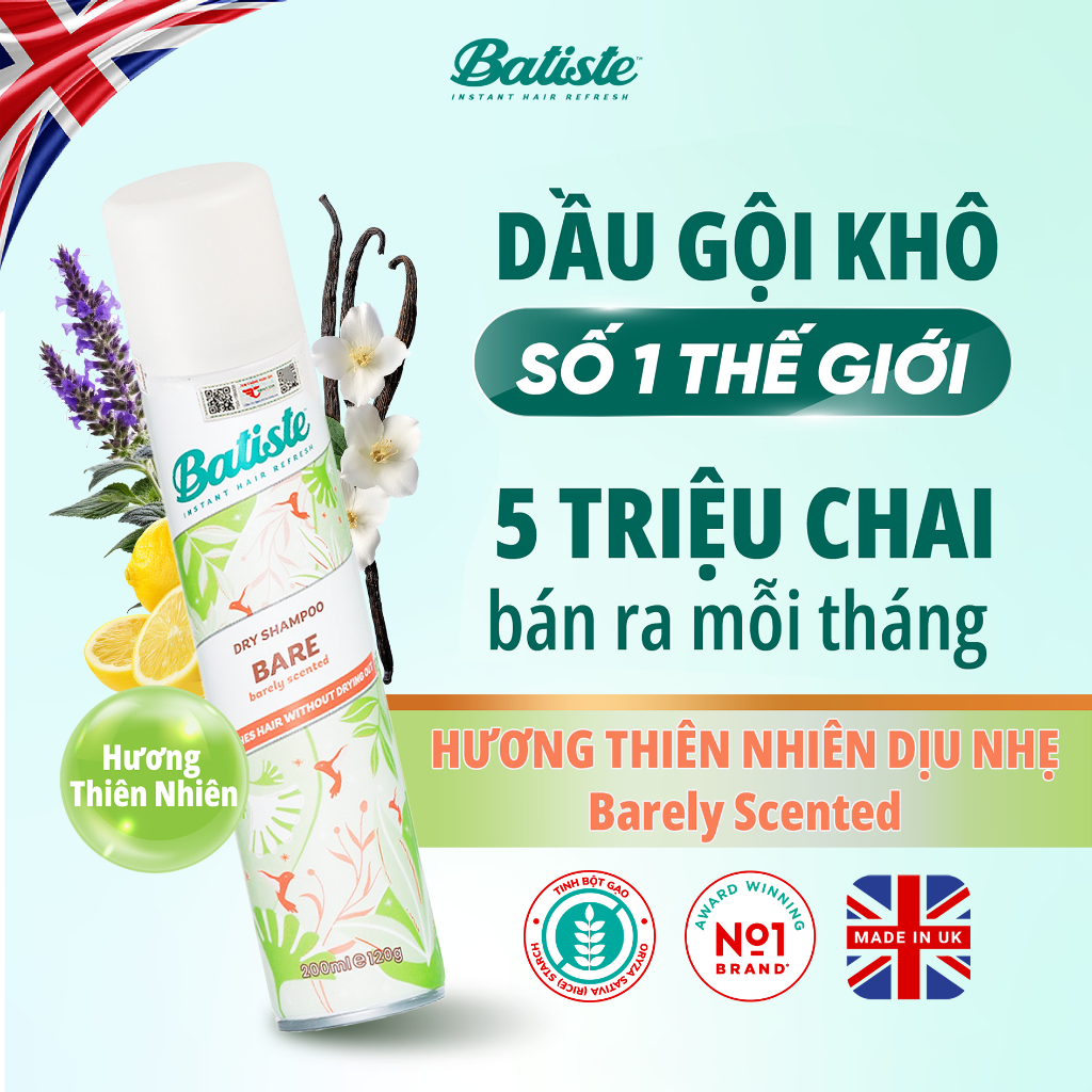 Ảnh Dầu Gội Khô Batiste Hương Hoa Thiên Nhiên Dịu Nhẹ - Batiste Dry Shampoo Natural & light Bare 200ml 1
