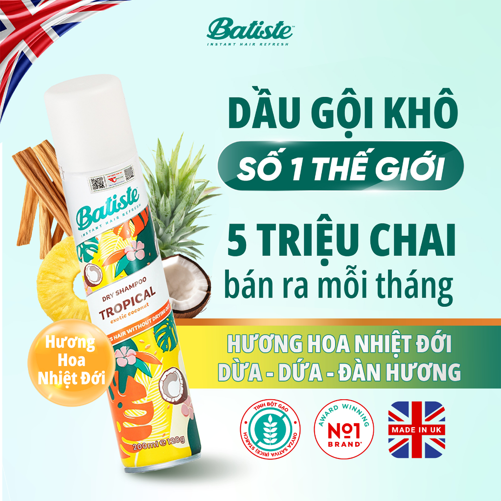 Ảnh Dầu Gội Khô Batiste Hương Hoa Nhiệt Đới - Batiste Dry Shampoo Coconut & Exotic Tropical 200ml 1