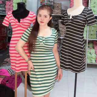 [D04 mã mới ] Đầm ôm body sọc kẻ tay ngắn cổ V có nút cài xinh xắn tôn dáng sexy